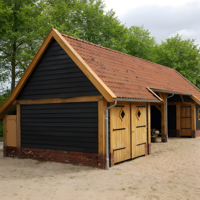 Houten garage met dubbele carport