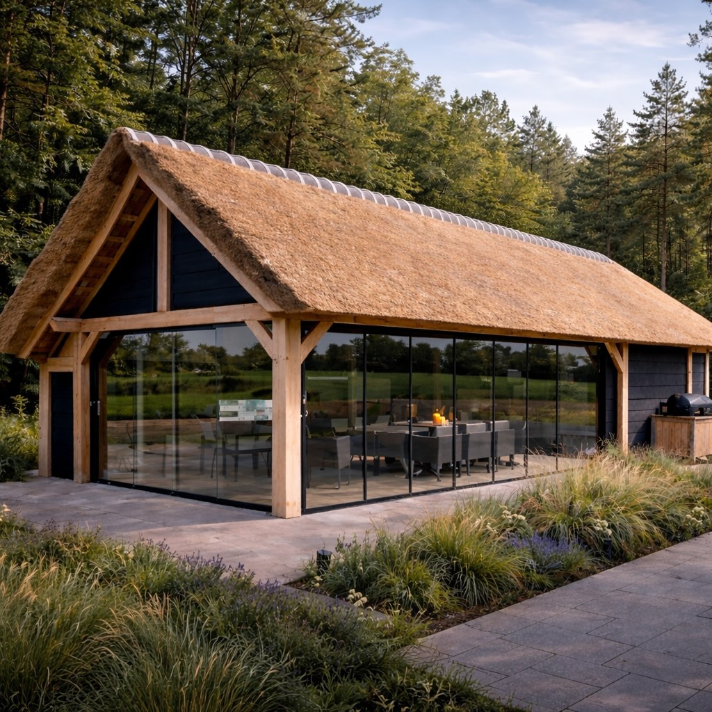 Tuinhuis met rietenkap vierkant Tuinhuis met rieten kap