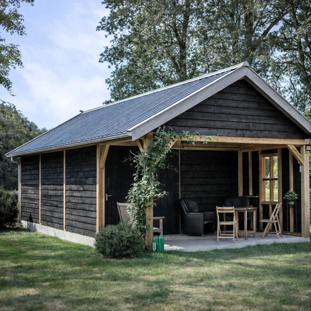Tuinhuis met zinken dak en veranda in zwart hout met eiken constructie Tuinhuis met zinken dak en veranda in zwart hout met eiken constructie