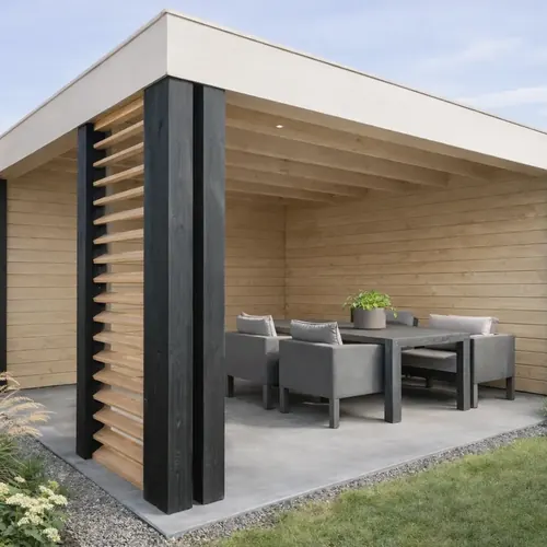 Moderne terrasoverkapping met lamellen wand